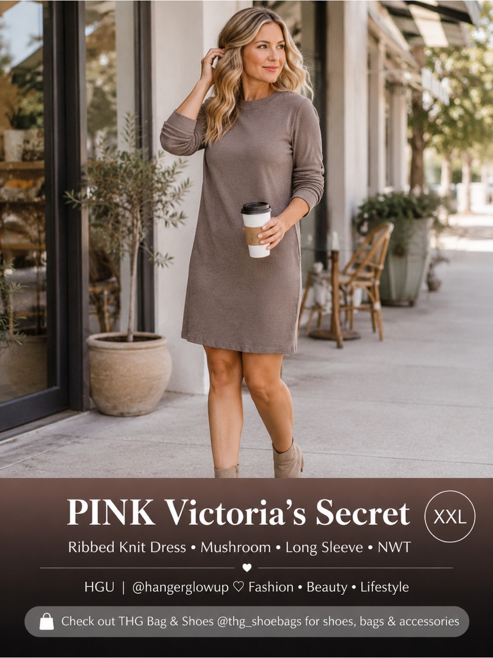 PINK Victoriaโs Secret Ribbed Knit Dress XXL Mushroom Long Sleeve NWT